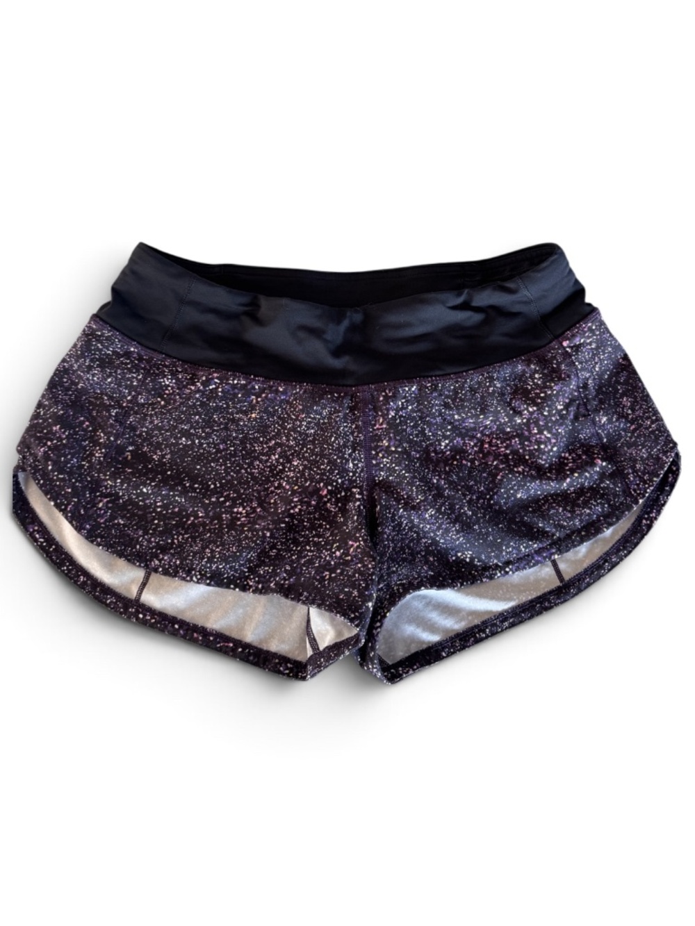 Lululemon Speed Short Black Purple Speckled Print Running Shorts Size 4 2.5”